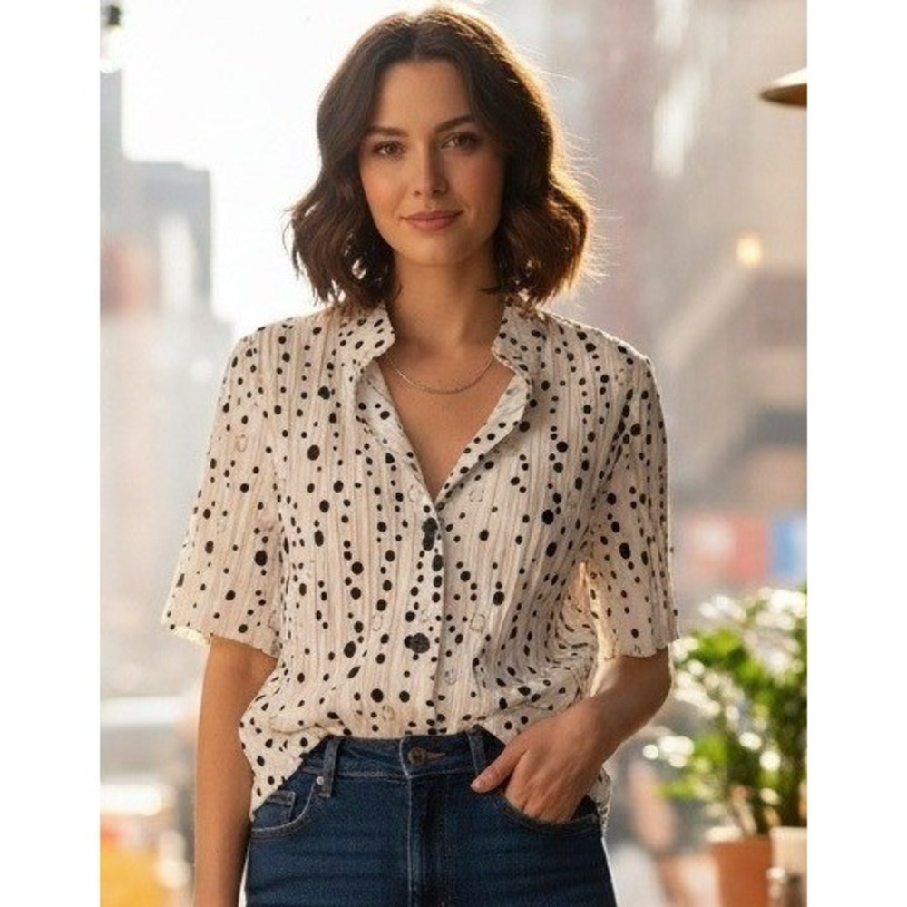 BALA BALA Polka Dot Button Up Shirt Top Women's 1X Pleated Tunic Vacation Resort